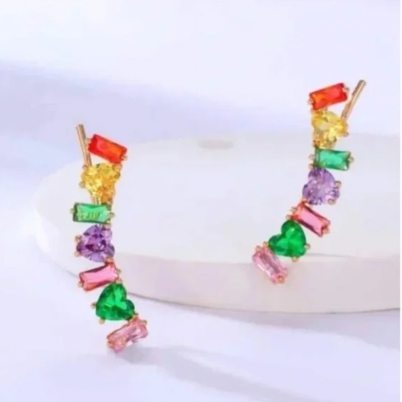 ❤️❤️ FREE Rainbow Gem Gemstone Cuff Ear Climber Boho Peasant Hipster Earrings - Picture 3 of 3